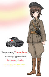  1girl badge belt beret black_necktie boots breast_pocket brown_belt brown_boots brown_eyes brown_hair brown_jacket clenched_hands collar_tabs collared_shirt ernest_(sieg1945) full_body girls_und_panzer hat highres holster jacket military military_jacket military_uniform military_vehicle motor_vehicle nazi necktie nishizumi_maho pants panzer_i pocket shirt short_hair shoulder_belt simple_background solo spanish_civil_war spanish_flag spanish_text standing swastika tank 