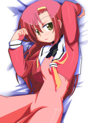  1girl blush commentary_request dress fingernails green_eyes hair_between_eyes hairband hakuo_school_uniform hayate_no_gotoku! jacket katsura_hinagiku long_hair looking_at_viewer on_bed parted_lips pink_dress pink_hair pink_jacket revision sailor_collar school_uniform serafuku solo suzuuchi_yayoi white_sailor_collar yellow_hairband 