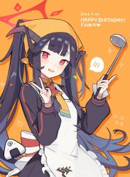  1girl :d apron black_dress black_hair blue_archive character_name demon_girl demon_horns dress food fuuka_(blue_archive) gehenna_academy_logo hair_on_horn halo happy_birthday headscarf highres holding holding_ladle horns ladle long_hair looking_at_viewer nuudoru official_artist_extra onigiri orange_background red_eyes red_halo simple_background smile solo spoken_blush white_apron white_headscarf 