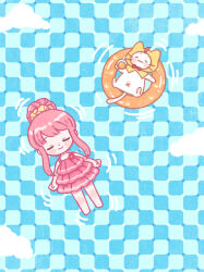  ahoge animal artist_request bare_arms bare_legs bare_shoulders barefoot blush_stickers bow bowtie brooch cat checkered_floor chinese_commentary cloak closed_eyes clothed_animal clouds commentary_request cup dot_nose dress drink drinking_glass drinking_straw ear_covers floating floating_on_back flower flower_brooch frilled_dress frills from_above hair_ornament hair_scrunchie happy highres holding holding_drink hood hood_up hooded_cloak innertube jewelry juice lying_on_water momo_(nikki) nikki_(nikki) nikki_(series) official_art orange_juice outstretched_arm pink_dress pink_flower pink_hair pool red_bow red_bowtie ripples scrunchie second-party_source shining_nikki short_dress short_hair_with_long_locks sidelocks sundress swim_ring traditional_bowtie updo whiskers white_cat x_navel yellow_cloak yellow_scrunchie 