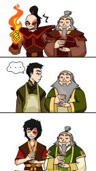  2boys avatar:_the_last_airbender avatar_legends balding beard black_hair burn_scar cup evolution facial_hair grey_hair highres iroh male_focus meme multiple_boys muzakarts old old_man scar shaved_head smile tea teacup unamused_friend_comic_(meme) uncle_and_nephew zuko 