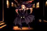  cat drill_hair halloween hat highres jack-o'-lantern norizou_type-r original pumpkin red_eyes solo thigh-highs thighhighs wand witch witch_hat 