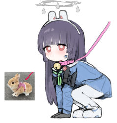  1girl all_fours animal_collar animal_ears bell black_gloves black_hair blue_archive blue_serafuku blue_shirt blue_skirt blunt_bangs blunt_sidelocks blush bright_pupils brown_rabbit closed_mouth collar creature_and_personification dot_mouth fake_animal_ears flashlight from_side full_body gloves green_neckerchief grey_halo halo harness headset highres hime_cut jingle_bell leash long_hair long_sleeves looking_at_viewer looking_to_the_side microphone miyu_(blue_archive) neck_bell neckerchief pantyhose personification photo-referenced photo_inset pink_collar pleated_skirt rabbit rabbit_ears red_eyes reference_inset sailor_collar school_uniform serafuku shirt shoes sidelocks skirt sneakers solo squatting ura_mieu viewer_holding_leash white_pantyhose white_pupils white_sailor_collar white_shoes 