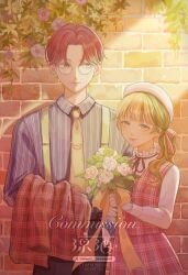  1boy 1girl absurdres beret blue_shirt bouquet brick_wall brown_eyes closed_mouth commentary commission dress ear_piercing english_commentary flower glasses green_eyes green_hair grey_eyes hat heterochromia highres holding holding_bouquet liang_jiou long_hair long_sleeves looking_at_viewer looking_to_the_side necktie original piercing pinafore_dress pink_dress red_hair round_eyewear shirt short_hair sleeveless sleeveless_dress smile striped_clothes striped_shirt suspenders vertical-striped_clothes vertical-striped_shirt watermark white_flower white_hat white_shirt yellow_necktie 