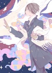  1boy bird black_coat black_pants blue_eyes brown_gloves brown_hair buttons clouds coat commentary_request constellation double-breasted floating_clothes from_side gloves hands_up kazuya_(743167) long_sleeves looking_ahead male_focus nabari_no_ou pants parted_lips profile scarf short_hair sidelocks solo star_(sky) starry_sky_background sweater turtleneck turtleneck_sweater walking white_bird white_scarf white_sweater yoite 