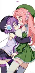  2girls bare_shoulders beret black_boots black_hat black_skirt black_sleeves blush boots bow bowtie breasts closed_mouth collared_dress collared_shirt commentary d_omm detached_sleeves dress facing_another from_side green_dress green_eyes green_hat green_sleeves hair_ornament hairpin hat highres hug long_hair maid medium_breasts momone_momo multiple_girls necktie number_tattoo open_mouth pink_bow pink_bowtie pink_hair purple_hair purple_necktie robot_ears shirt short_hair shoulder_tattoo skirt sleeveless sleeveless_dress sleeveless_shirt tattoo thigh-highs thigh_boots utane_uta utau violet_eyes white_background white_shirt white_thighhighs yuri zettai_ryouiki 