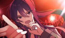  10takllor 1boy chromatic_aberration close-up collared_shirt crowd double-parted_bangs ensemble_stars! finger_gun floating_hair flying_sweatdrops foreshortening furrowed_brow glint glowstick hair_between_eyes head_tilt holding holding_microphone idol jewelry kanzaki_souma lens_flare light_particles light_rays long_sleeves looking_at_viewer lower_teeth_only male_focus microphone music necklace open_mouth penlight_(glowstick) pointing pointing_at_viewer ponytail purple_hair red_light shirt sidelocks singing solo sweat teeth v-shaped_eyebrows violet_eyes 