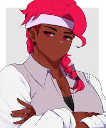  1boy \||/ black_shirt border braid braided_ponytail closed_mouth collarbone collared_jacket commentary_request cookie_run cookie_run:_kingdom crossed_arms dark-skinned_male dark_skin grey_background grey_jacket hair_behind_ear hair_tie headband highres humanization jacket looking_at_viewer male_focus medium_hair mx_pyuta1 no_pupils outside_border pectorals pink_eyes pink_hair shirt side_braid simple_background sleeveless sleeveless_jacket smile solo thick_eyebrows toned toned_male upper_body very_dark_skin white_border white_headband white_shirt wildberry_cookie 