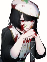  1girl alternate_costume black_hair black_shirt blood blood_on_clothes blood_on_face blood_on_hands commentary_request highres limbus_company looking_at_viewer paint_on_clothes paint_splatter paint_splatter_on_face project_moon red_eyes ring_(identity)_(project_moon) ryoshu_(project_moon) sc4peg04t99 shirt short_hair simple_background 
