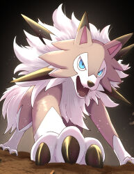  blue_eyes blurry claws commentary_request fangs from_below highres lycanroc lycanroc_(midday) no_humans pokemon pokemon_(creature) pokemon_focus rock rumine_(yoshi1234567) solo standing 