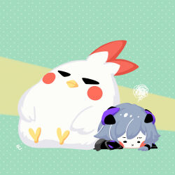  1girl armored_bodysuit black_hair chibi closed_eyes commentary_request fu_hua fu_hua_(shadow_knight) highres honkai_(series) honkai_impact_3rd jingwei_(bird) lying mon_momu on_stomach solo squiggle x_mouth 