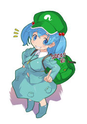  1girl backpack bag blue_boots blue_eyes blue_hair blue_shirt blue_skirt boots breasts commentary_request dated flat_cap from_above full_body green_hat grin hand_on_own_hip hand_up hat highres index_finger_raised kawashiro_nitori kei_jiei large_breasts looking_at_viewer medium_hair parted_lips rubber_boots shirt signature skirt smile solo standing touhou two_side_up white_background 