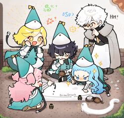  1boy 4girls :d agott_arklaum_(tongari_boushi_no_atelier) artist_name black_hair black_shoes blonde_hair blue_cloak blue_eyes blue_hair blue_hat blush brick_wall brown_eyes cloak closed_eyes closed_mouth coco_(tongari_boushi_no_atelier) commentary crumpled_paper english_commentary grey_pants hat holding holding_pen juliet_sleeves long_sleeves multicolored_hair multiple_girls nib_pen_(object) pants pen pink_hair puffy_sleeves qifrey_(tongari_boushi_no_atelier) richeh_(tongari_boushi_no_atelier) robe shibedraws shirt shoes smile sparkle streaked_hair tetia_(tongari_boushi_no_atelier) tongari_boushi_no_atelier two_side_up watermark white_hair white_robe white_shirt wizard_hat 