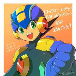  1boy blue_bodysuit blue_helmet bodysuit brown_hair commentary green_eyes helmet highres kamiyama_teten looking_at_viewer mega_man_(series) mega_man_battle_network_(series) megaman.exe netnavi open_mouth orange_background short_hair smile solo spiky_hair teeth two-tone_background upper_teeth_only white_background 