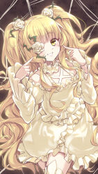  1girl absurdres blonde_hair commentary_request doll dress flower flower_in_eye frilled_dress frills highres hime_cut kanzakietc kirakishou lolita_fashion long_hair plant rose rozen_maiden smile symbol_in_eye thigh-highs twintails vines white_flower white_rose white_thighhighs yellow_eyes 