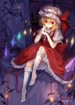  argyle blonde_hair branch chin_rest colored_eyelashes curtains dhiea expressionless eyelashes flandre_scarlet garters glowing hat kneehighs lace night red_eyes ribbon short_hair signature sitting socks solo touhou wings 