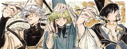  1girl 2boys absurdres age_difference black_hair blonde_hair coco_(tongari_boushi_no_atelier) fingernails glasses hat highres holding holding_pen multiple_boys ochaiit olruggio_(tongari_boushi_no_atelier) pen qifrey's_atelier_apprentice_uniform qifrey_(tongari_boushi_no_atelier) short_hair tongari_boushi_no_atelier white_hair wizard_hat yellow_eyes 