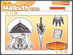  1girl blue_archive child's_drawing colored_skin commentary_request drawing_(object) fin_funnels hair_over_one_eye halo konattang korean_commentary large_hat long_hair malkuth_(blue_archive) solo symbol-shaped_pupils very_long_hair white_hair white_skin wide_sleeves x-shaped_pupils yellow_eyes yellow_halo 