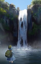  1girl backpack bag blue_hair blue_shirt blue_skirt blue_sky bo_cota commentary day facing_away from_behind green_bag green_hat hair_bobbles hair_ornament hat highres kawashiro_nitori outdoors scenery shirt skirt sky solo touhou wading water waterfall 