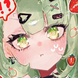  !? 1girl :t @_@ bandaid bandaid_hair_ornament blush closed_mouth commentary_request food fruit green_eyes green_hair hair_ornament heart heart_hair_ornament highres looking_at_viewer multiple_hair_clips pof_h0 portrait pout solo spoken_interrobang strawberry sunna_(zenless_zone_zero) zenless_zone_zero 