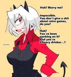  ... 1girl black_horns black_tail black_vest breasts collared_shirt commentary demon demon_girl demon_horns demon_tail english_commentary english_text grumpy helltaker horns looking_at_viewer malina_(helltaker) medium_breasts medium_hair nuka_cola06 red_eyes red_shirt shirt solo tail vest waistcoat white_hair yellow_background 