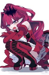  1girl baobhan_sith_(fate) baobhan_sith_(first_ascension)_(fate) bare_shoulders blush breasts commentary_request detached_sleeves dress fang fate/grand_order fate_(series) grey_eyes high_heels highres large_breasts long_hair ma_ple open_mouth pointy_ears red_dress red_hair red_thighhighs solo thigh-highs very_long_hair 
