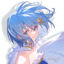  1girl armor bare_shoulders blue_eyes blue_hair breastplate breasts cape closed_mouth cloudyman collared_cape commentary crying crying_with_eyes_open drop_shadow english_commentary floating_cape floating_hair fortissimo frilled_shirt frills hair_ornament hairclip highres looking_at_viewer magical_girl mahou_shoujo_madoka_magica mahou_shoujo_madoka_magica_(anime) miki_sayaka miki_sayaka_(magical_girl) musical_note musical_note_hair_ornament portrait shirt short_hair signature simple_background small_breasts smile solo strapless strapless_shirt tearing_up tears white_background white_cape white_shirt 