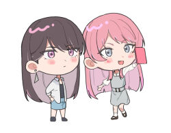  2girls bang_dream! bang_dream!_it's_mygo!!!!! black_hair blue_skirt blush cellphone chibi chibi_only chihaya_anon closed_mouth commentary_request dress earrings fang grey_dress grey_eyes hand_on_own_hip holding holding_phone jacket jewelry long_hair mole mole_under_eye multiple_girls nanami_(nunnun_0410) phone shiina_taki shirt simple_background skirt smartphone violet_eyes white_background white_jacket white_shirt 