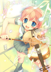  1girl :d beamed_eighth_notes blue_eyes blush eighth_note from_above highres indoors instrument looking_at_viewer music musical_note open_mouth original pink_hair quarter_note revision school_uniform short_hair smile socks solo spoken_musical_note standing takeda_mika teeth treble_clef upper_teeth_only violin 