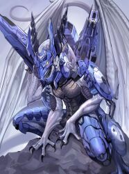  armor blue_armor bolmeteus_steel_dragon claws dragon dragon_claw dragon_horns dragon_tail dragon_wings duel_masters glowing glowing_eyes highres horns kenko_(a143016) no_humans open_mouth sharp_teeth shoulder_cannon solo tail teeth wings yellow_eyes 