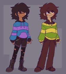  2025 2d 2others ambiguous_gender arms_at_sides artist_name bandaid bandaid_on_face bandaid_on_knee bandaid_on_nose blue_sweater bolttheman boots border brown_boots brown_gloves brown_hair brown_pants brown_shirt brown_shorts chara_(undertale) child collared_shirt commentary contrapposto digital_media double_horizontal_stripe drawstring duo english_commentary fewer_digits fingerless_gloves freckles frisk_(undertale) full_body gloves green_sweater grey_background grey_border heart_necklace highres hood hood_down hooded_sweater horizontal-striped_clothes human jewelry lace-up_boots lineup long_sleeves multiple_others necklace other_focus pants pantyhose pantyhose_under_shorts pink_stripes purple_pantyhose red_eyes shirt short_hair shorts simple_background single_horizontal_stripe spiral_eyes standing striped_clothes striped_sleeves striped_sweater sweater torn_clothes torn_pantyhose two-tone_sweater undertale utdr_(toby_fox) watermark yellow_stripes 