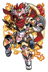  1boy apollo_(shinrabanshou) armor armored_boots black_armor boots energy_ring fire gauntlets gold_armor gold_trim harakawa_mitsuhiro helmet holding holding_weapon looking_at_viewer multicolored_armor official_art open_mouth red_eyes red_hair red_scarf red_trim scarf shinrabanshou short_hair solo teeth third-party_source transparent_background weapon white_armor winged_helmet 