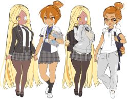  2girls baggy_pants blazer book charm_(object) cookie_run cookie_run:_ovenbreak croissant_cookie curly_sidelocks drill_hair drill_ponytail eyepatch glasses headphones highres holding holding_book holding_hands jacket long_hair long_sleeves medical_eyepatch multiple_girls necktie ohta_guk_hip pants pleated_skirt school_uniform simple_background skirt socks timekeeper_cookie 