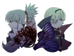  2boys armor black_armor black_hairband blonde_hair fire_emblem fire_emblem_fates grey_hair hair_ribbon hairband high_ponytail highres leo_(fire_emblem_fates) looking_to_the_side male_focus multiple_boys nknaxs orange_eyes ponytail red_eyes red_ribbon ribbon takumi_(fire_emblem) 