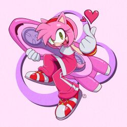  1girl amy_rose animal_ears animal_nose biomadders dress finger_heart full_body furry furry_female gloves green_eyes hairband highres holding hoverboard looking_at_viewer open_mouth pants pink_background pink_fur pink_pants pink_theme red_hairband shoes simple_background skateboard smile sneakers solo sonic_(series) sonic_riders_(series) tail tongue track_pants white_gloves 