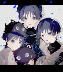  3boys :p animal_hat animalization beret black_bodysuit black_border black_hat blue_shawl blunt_ends bodysuit border bright_pupils casual cat_hat choppy_bangs clone closed_mouth commentary_request eyeliner genshin_impact gold_necklace gold_pendant grey_hair grid_background hat highres jewelry layered_shirt long_sleeves looking_at_viewer makeup multiple_boys necklace official_alternate_costume open_mouth partially_unbuttoned peaked_cap person_and_animalization red_eyeliner scaramouche_(cat)_(genshin_impact) scaramouche_(genshin_impact) shadow shawl shirt shoulder_peek smile stuffed_animal stuffed_toy tongue tongue_out tsuibakiwa turtleneck turtleneck_bodysuit violet_eyes wanderer_(fairy_tale_cat)_(genshin_impact) wanderer_(genshin_impact) wanderer_(impression)_(genshin_impact) white_background white_pupils white_shirt white_sleeves 