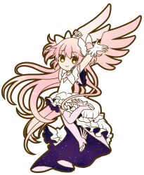  1girl absurdly_long_hair ankle_wings arms_up bow choker cleavage_cutout clothing_cutout dress floating floating_hair frilled_dress frills full_body gem gloves goddess_madoka hair_bow high-low_dress high_heels highres ichigobellbell kaname_madoka layered_dress layered_sleeves long_dress long_hair looking_at_viewer mahou_shoujo_madoka_magica nebula no_nose outstretched_arms pink_dress pink_eyes pink_hair pink_thighhighs pink_wings pumps shoes simple_background smile solo straight_hair tareme thigh-highs transparent_background two-tone_dress two_side_up very_long_hair white_choker white_dress white_gloves white_shoes wide_sleeves wings yellow_eyes 