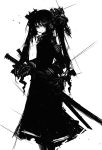  bad_id hatsune_miku headset highres kic kiku_(kicdoc) long_hair monochrome smile solo sword twintails vocaloid weapon 