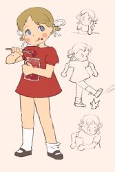  1girl :q black_shoes blonde_hair blush check_copyright closed_mouth commentary_request copyright_request dress food food_on_face hair_ribbon highres holding holding_jar holding_spoon jam jar mary_janes masha_is_not_lazy_anymore multiple_views puffy_short_sleeves puffy_sleeves red_dress ribbon shoes short_sleeves single_loose_sock socks spoon tongue tongue_out two_side_up white_ribbon white_socks yanamosuda 