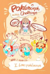  >_< 1girl :3 :d ahchive_be ahoge alternate_color animalization aqua_bow aqua_bowtie aqua_eyes arrow_(symbol) blush_stickers border bow bowtie closed_eyes english_text grid_background hair_ribbon highres magearna multiple_views official_art_inset one_eye_closed orange_background orange_border own_hands_together pikachu pokemon pokemon_(creature) pokemorph_challenge red_ribbon ribbon shiny_pokemon smile sylveon twitter_username vedal_ai wink_star 