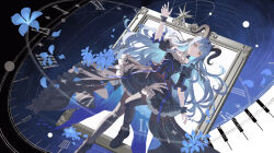  1girl arknights bang_dream! bang_dream!_it's_mygo!!!!! black_choker black_dress black_horns black_ribbon black_shoes black_wrist_cuffs blue_hair chinese_commentary choker clock commentary_request curled_horns demon_horns detached_collar dress dress_ribbon frilled_dress frills full_body grey_thighhighs hair_ribbon highres horns long_hair picture_frame puffy_short_sleeves puffy_sleeves ribbon roman_numeral shoes short_sleeves solo thigh-highs togawa_sakiko togawa_sakiko_(master_of_melodia) wrist_cuffs xukong yellow_eyes 