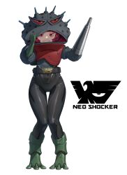 1girl arm_cannon belt black_belt black_bodysuit bodysuit boots clenched_teeth commentary eidenjyou1997 elbow_gloves emblem english_commentary frog_girl full_body gamagiras genderswap genderswap_(mtf) gloves green_boots green_gloves grimace highres holding_hood hood kamen_rider knees_together_feet_apart looking_at_viewer monster_girl neo_kamen_rider red_eyes red_hair shocker_(kamen_rider) simple_background single_glove solo standing teeth weapon white_background