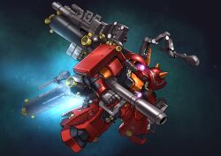  absurdres bazooka_(gundam) chibi chinese_commentary commentary_request exhaust flying from_side glowing glowing_eye gundam gundam_thunderbolt highres holding holding_weapon making-of_available mecha mecha_focus mobile_suit no_humans one-eyed robot science_fiction sd_gundam shoulder_spikes solo spikes thrusters violet_eyes weapon zaku_ii_(reuse_p_device) zakuma zeon 