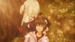  1boy 1girl :d anime_coloring arichi_masaomi bare_shoulders blue_kimono brown_eyes brown_hair chinese_commentary commentary_request criss-cross_halter dappled_sunlight from_above full_body grass green_hair grey_hoodie hair_over_eyes hair_ribbon halterneck headpat highres hood hood_down hoodie japanese_clothes kimono lap_pillow long_hair long_ribbon long_sleeves looking_at_another lying murasame_(senren) on_back on_ground open_mouth outdoors pom_pom_(clothes) red_ribbon red_sash ribbon sash senren_banka short_hair sidelocks sitting smile straight_hair sunlight sunset tree tsurime two_side_up upper_body user_rntw2735 very_long_hair wide_sleeves 