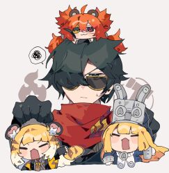  1boy 3girls :3 animal_ears animal_hat bear_ears black_gloves blonde_hair blush byako_(srktn) closed_eyes commentary_request eyepatch fake_animal_ears gloves grey_background grey_hat hair_over_one_eye hat highres ju_fufu koleda_belobog lighter_(zenless_zone_zero) mini_person minigirl multicolored_hair multiple_girls norma_(zenless_zone_zero) on_head open_mouth red_eyes red_hair red_scarf scarf simple_background spoken_squiggle squiggle sunglasses sweat tail tiger_ears tiger_girl tiger_tail trait_connection zenless_zone_zero 
