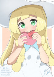  1girl absurdres blonde_hair box closed_mouth collared_dress commentary_request dress eyelashes gift gift_box green_eyes hands_up happy hat heart-shaped_box highres holding lillie_(pokemon) long_hair looking_at_viewer oronamin_poke pokemon pokemon_sun_and_moon signature sleeveless sleeveless_dress smile solo sun_hat watermark white_dress white_hat 