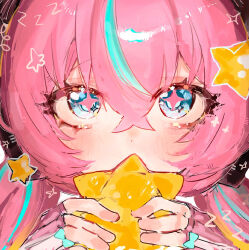  1girl aqua_hair aqua_streaks aria_(zenless_zone_zero) blue_eyes blush bridal_gauntlets commentary_request crossed_bangs fingerless_gloves gloves hair_between_eyes highres looking_at_viewer multicolored_hair pink_gloves pink_hair pof_h0 portrait solo star-shaped_pupils star_(symbol) streaked_hair symbol-shaped_pupils white_bridal_gauntlets zenless_zone_zero 