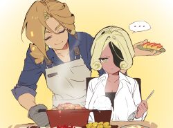  apron bandaid bandaid_on_face chair cookie_run cookie_run:_ovenbreak croissant_cookie croissant_cookie_(director_of_the_tbd) curly_sidelocks drill_hair drill_ponytail eyepatch food gloves highres holding holding_plate holding_spoon ohta_guk_hip on_chair open_mouth plate rice shirt speech_bubble spoon steam table timekeeper_cookie timekeeper_cookie_(ruler_of_the_ephemeral_flow) yuri 