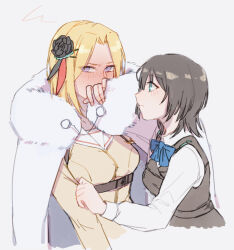  2girls aoi_erika black_hair blonde_hair blue_bow blue_bowtie blue_eyes bow bowtie brown_shirt grey_vest heaven_burns_red highres looking_at_another looking_to_the_side minase_ichigo multiple_girls sailor sailor_collar shirt short_hair simple_background vest violet_eyes wbon white_background white_shirt yuri 