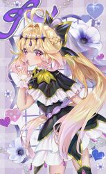  1girl absurdres antenna_hair black_bow black_bowtie black_capelet black_dress blonde_hair blush border bow bowtie capelet commentary_request crossed_bangs cure_arcana_shadow dress frilled_capelet frills hair_between_eyes hair_bow hair_intakes hand_up highres isuzu_(an_icy_cat) long_hair looking_at_viewer magical_girl meitantei_precure! moria_luluka parted_lips pink_eyes precure solo upper_body wrist_cuffs 